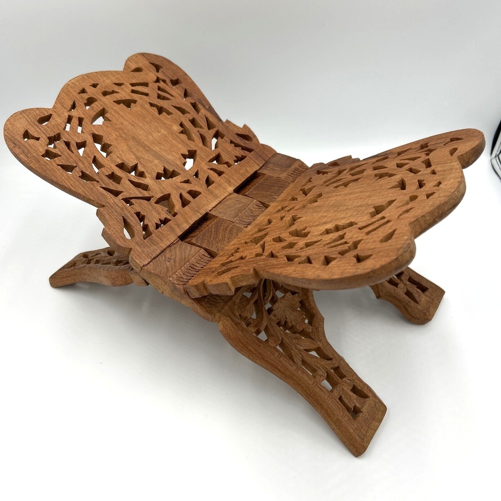 Vintage Wood Leaf Book Holder Folding Bible Cookbook Stand Hand Carved